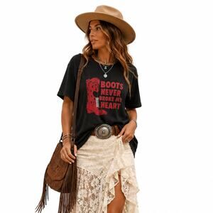 Boots Never Broke My Heart Graphic Tee Black Red Cowboy Boot Shirt Large New